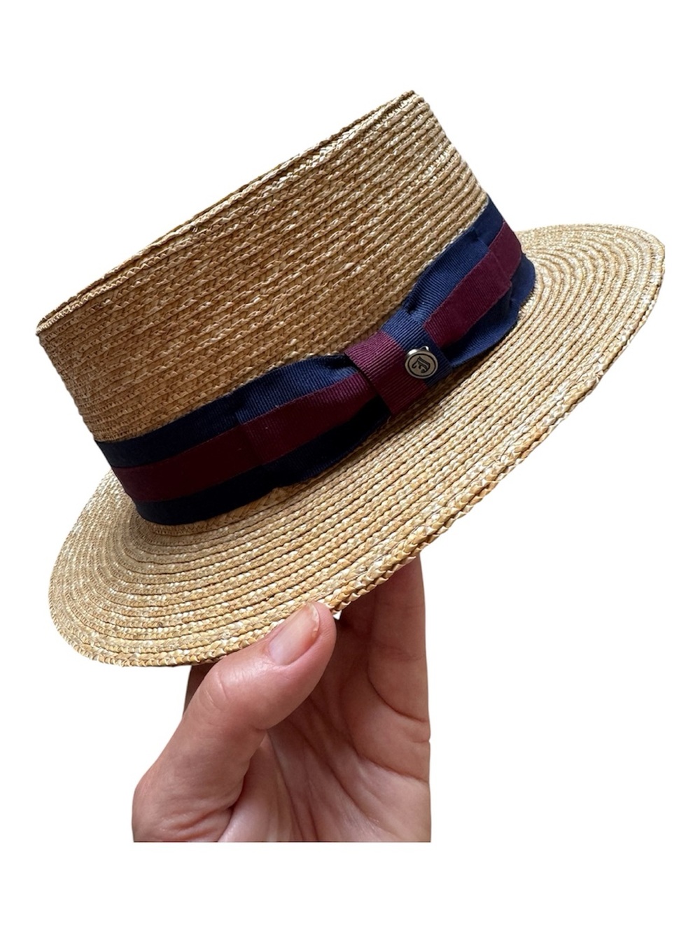 Vintage Straw Boater Walrus Skimmer Hat with Navy Burgundy Grosgrain Ribbon Band